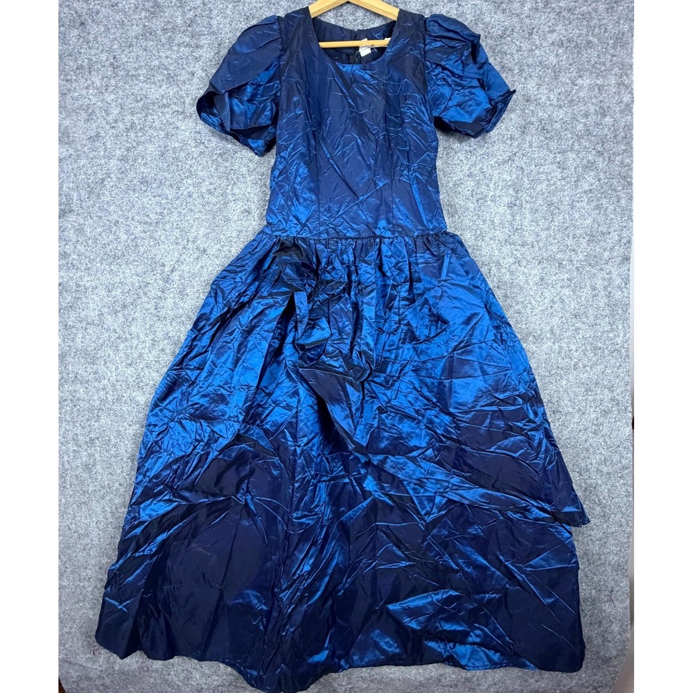 Vintage 80s Southeastern Debutante Sorority Dress Women 4 Blue Metallic Taffeta